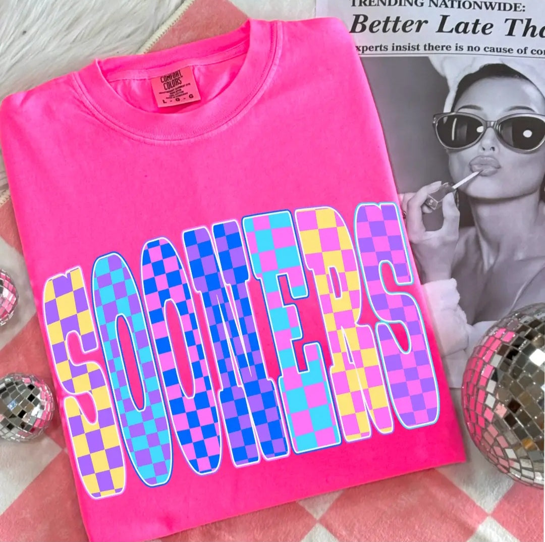 Neon Checkered Sooners Tee