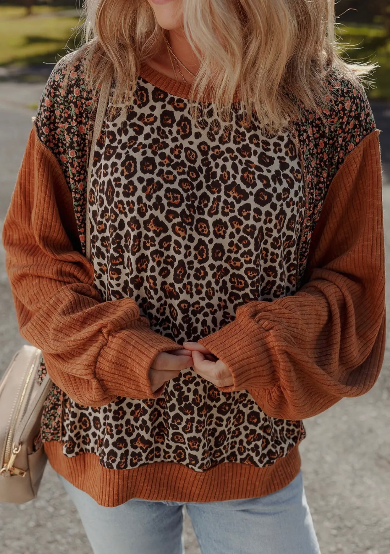 Leopard/Floral Print Puff Long Sleeve